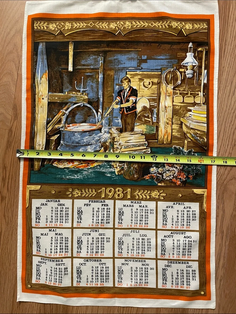 Set of 2 Vintage 1981 Calendar Tea Towels Cotton Viscose European Kitchen Towels